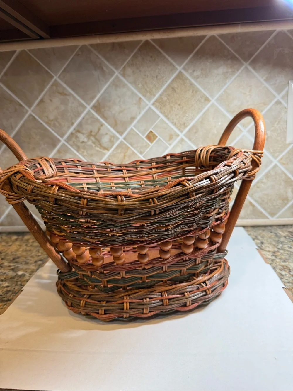 Vintage Woven Wicker Rattan Basket Wood Bead Double Handles Farmhouse Decor